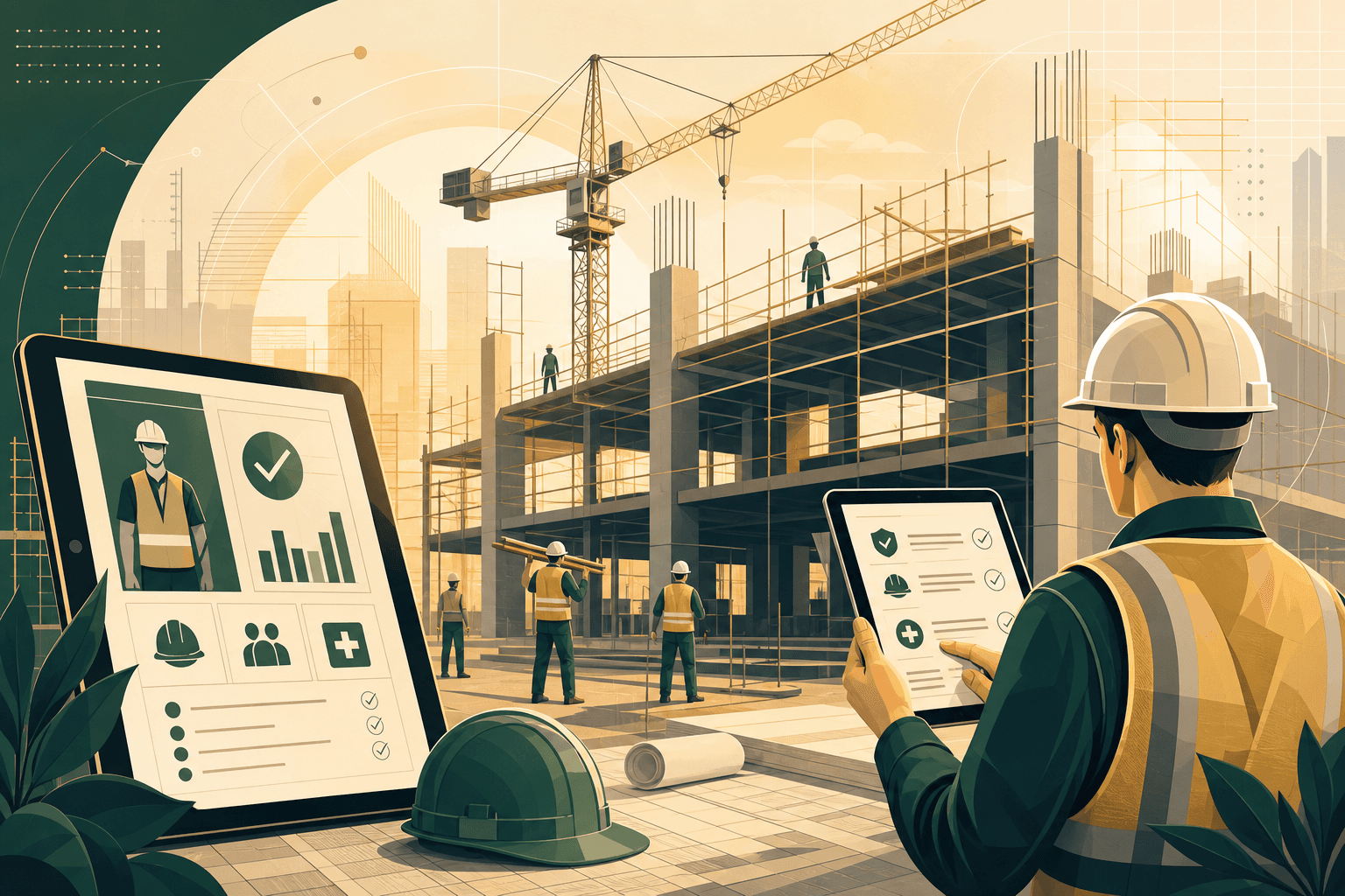 Industrial construction site with integrated digital compliance interfaces